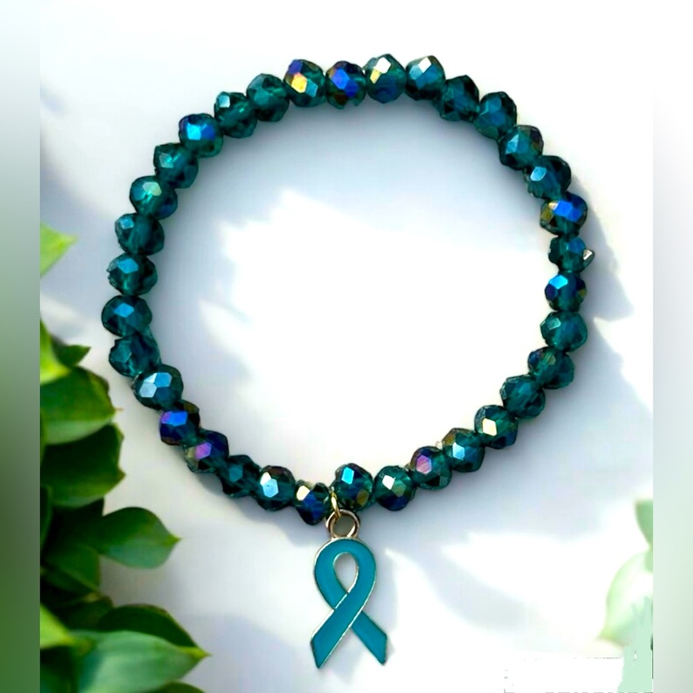 Bracelet Ovarian Cancer Awareness,Teal Glass Beads AB Ribbon charm gold stretch